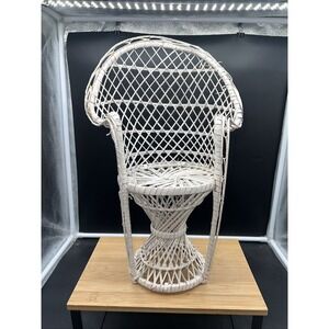 Vintage Mini Wicker Peacock Fan Back Rattan Chair Plant Stand Boho Decor 16"
